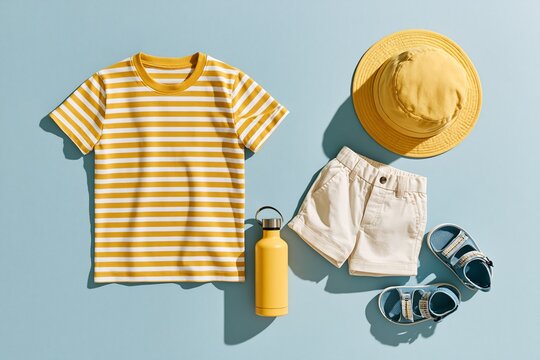 Children's summer essentials arranged for vacation packing on a pale blue surface Generative AI