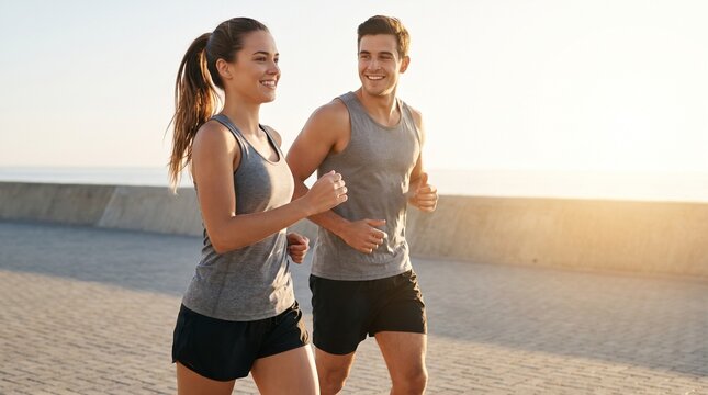 Young athletic couple jogging along the coastline at sunrise for healthy lifestyle