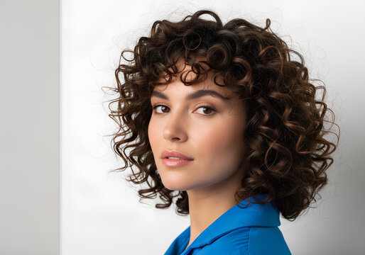 Beautiful woman with short curly brunette hair posing in blue shirt