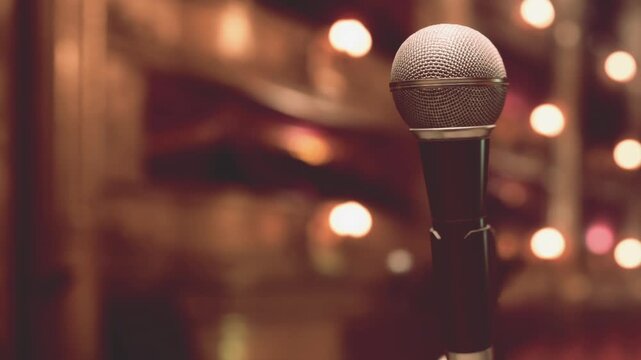 A microphone stands on a black stand in a venue with blurred lights in the background. The setting looks ready for a performance or speech. No one is on stage yet.