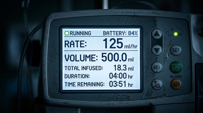 An infusion pump digital display showing rate and volume settings