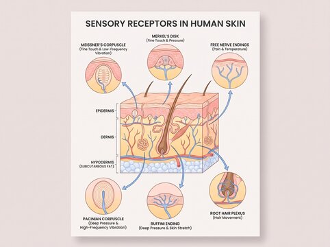 Medical diagram showing sensory receptors in human skin layers