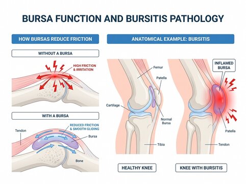 Medical infographic explaining bursa function and bursitis pathology