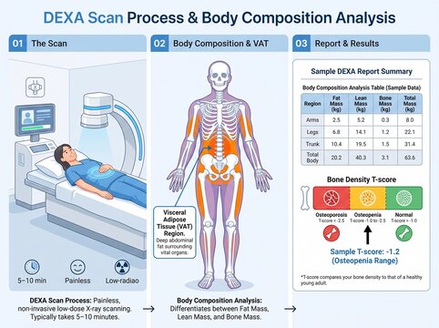 Dexa scan process and body composition analysis infographic