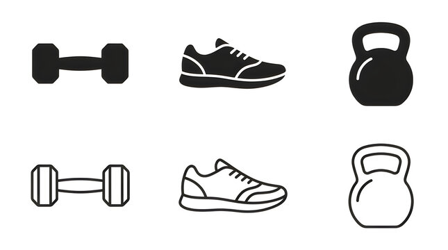 Flat icons of dumbbell, sneaker, and kettlebell