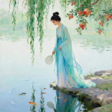 Ancient Lady In Cyan Hanfu Watching Goldfish By Lak