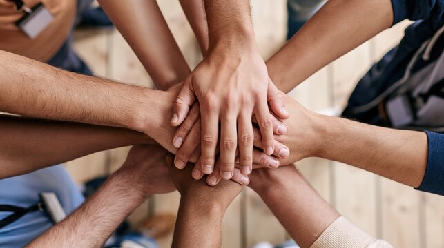 Team work and unity of a diverse group stacking hands for community cooperation