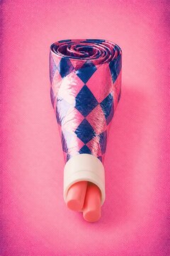 Playful party noisemaker with pink confetti style on bright backdrop
