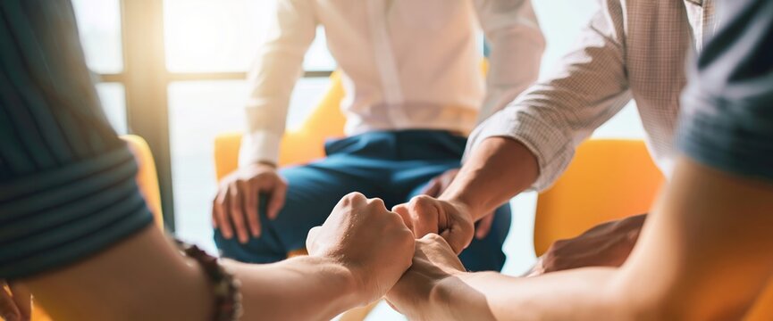 Team work and unity of diverse business people stacking hands for collaboration