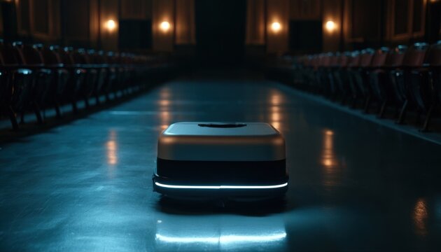 Autonomous robotic floor sweeper cleans a dimly lit corridor