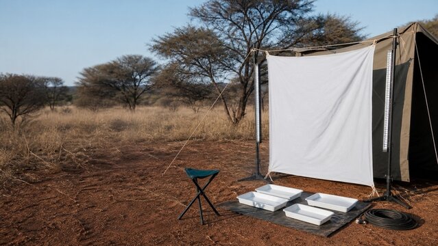Outdoor cinema setup, white projector screen in savanna landscape, camping tent and folding chair on red soil, adventure travel lifestyle