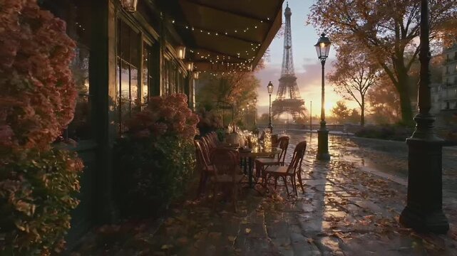Paris, France, Europe. A vivid portrayal of a Parisian cafe at sunset, with the Eiffel Tower in the background. The scene is bathed in warm, golden light from the setting sun.