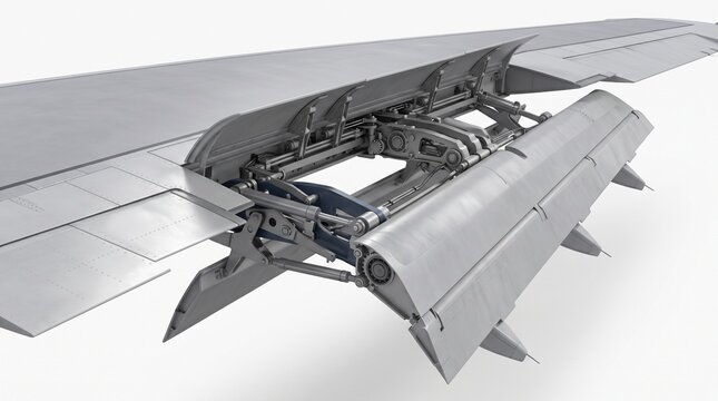 Detailed view of an airplane wing flap mechanism showing complex hydraulic and mechanical components in a clean studio setting