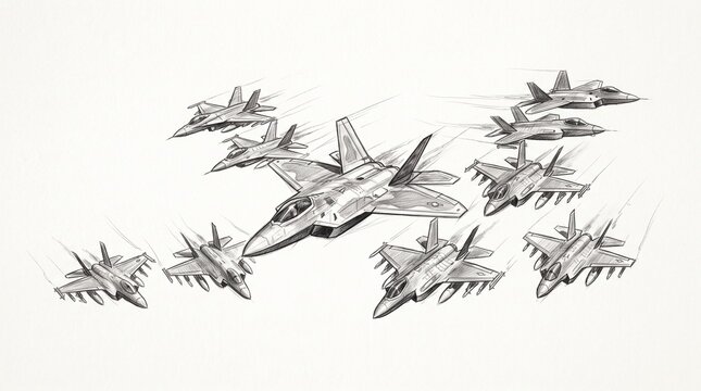 A formation of modern fighter jets flying in formation, pencil sketch illustration