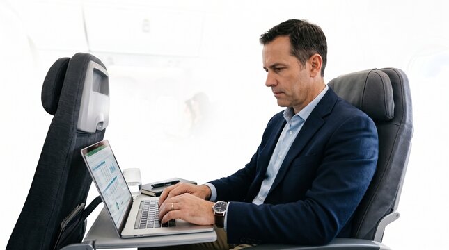 Businessman working on laptop in airplane seat during flight with charts on screen