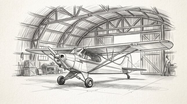 Vintage Piper Cub airplane parked inside a rustic hangar with wooden doors and storage crates