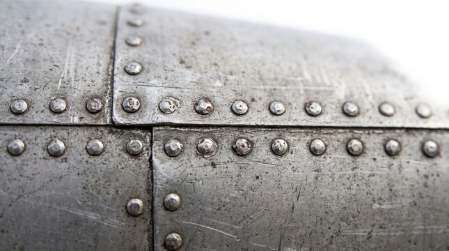 Close up of riveted metal panels showing texture and wear with shallow depth of field