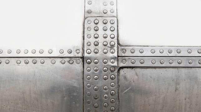 Close up of riveted metal panels with a brushed aluminum texture and a white background