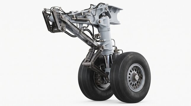 Detailed view of an aircraft nose landing gear assembly with dual wheels and hydraulic components on a white background