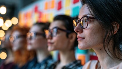 Obraz premium Diverse group of women wearing glasses in a vibrant studio setting