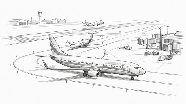 Sketch of an airport scene with airplanes on the runway and at the gate, showing air traffic control tower and hangars
