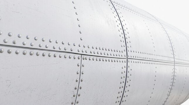 Close up of riveted metal panels on an aircraft fuselage or industrial structure