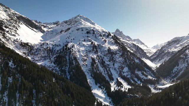 Aerial view of snow-covered Arlberg mountains with dense pine forests under a clear blue sky in Bludenz District, Vorarlberg, Austria.