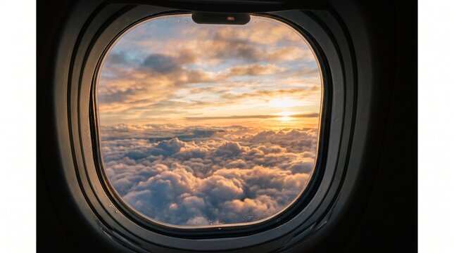 View from airplane window at sunset over fluffy clouds with golden light illuminating the sky