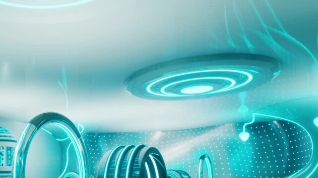 The setting shows a futuristic space with glowing lights and intricate designs on surfaces. Circular elements hang from the ceiling, and patterns create an engaging atmosphere during nighttime.