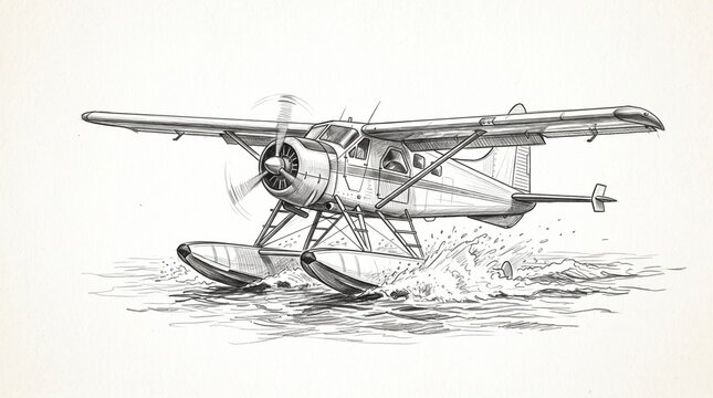Pencil sketch illustration of a vintage seaplane taking off from water with splashes and motion blur on propeller