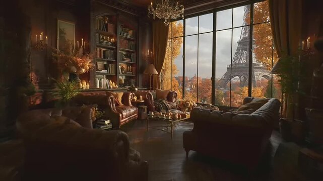 Paris, France, Europe. A detailed, realistic depiction of a cozy living room with a panoramic view of the Eiffel Tower. The room is furnished with leather sofas, a coffee table.