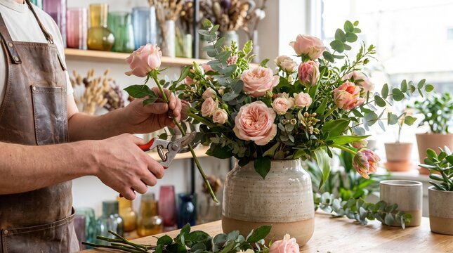 Florist hands in leather apron, with pruners cutting pink rose stem, arranging flower bouquet in ceramic vase, at workbench in flower shop, lifestyle photography