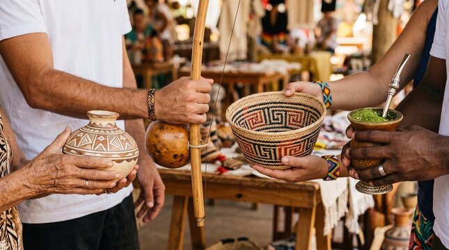 People holding traditional crafts and mate drink at a market stall