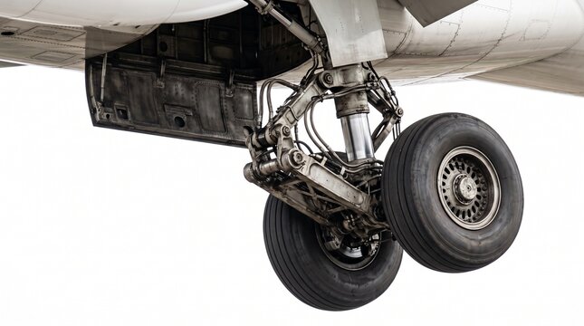 Close up of an airplane landing gear with wheels and hydraulic systems against a white background