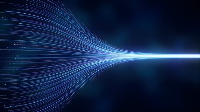 Data Consolidation Concept Showcasing Glowing Fiber Optic Streams Converging Into High Speed Digital Beam