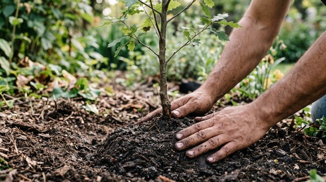 Gardener planting a young tree in rich soil with hands covered in dirt
