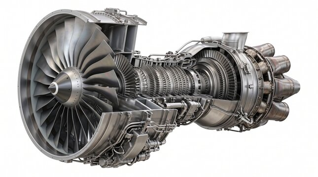 Detailed cross-section of a modern jet engine showcasing intricate internal components and turbine blades
