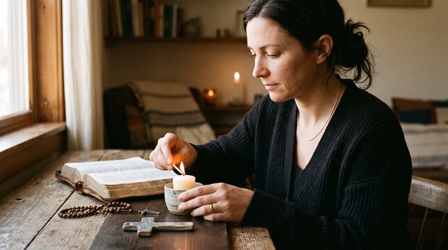 Woman lighting a candle next to an open bible and rosary beads