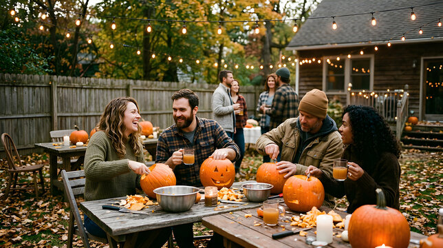 Friends gathered around an outdoor wooden table laughing and carving pumpkins together in a backyard with string lights