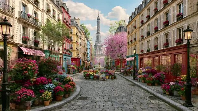 Paris, France, Europe. A vivid portrayal of a Parisian street scene depicts the Eiffel Tower in the background. The street is lined with multistory buildings painted in a variety of colors.