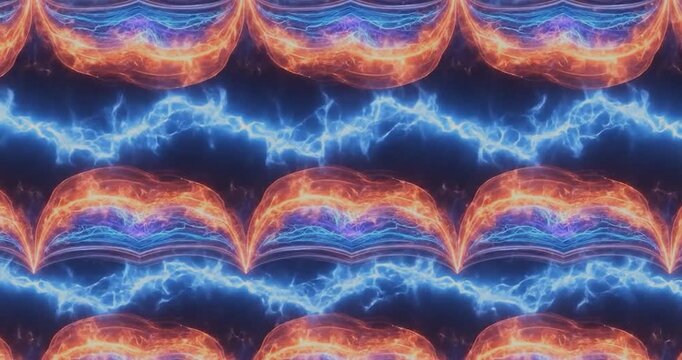 Repeating rows of electric blue and orange lightning bolts