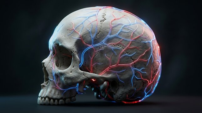 Human skull with glowing red and blue veins