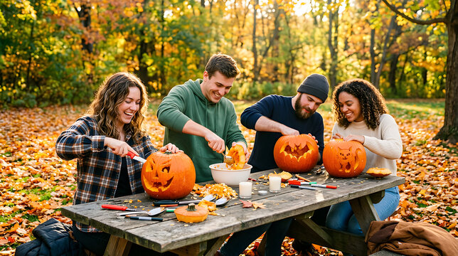 Group of young adult friends gathered around a picnic table in a park creatively carving pumpkins together