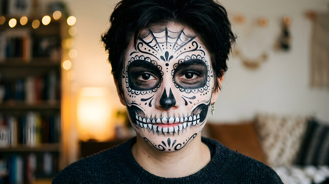 Close up portrait of a person with traditional Day of the Dead sugar skull makeup