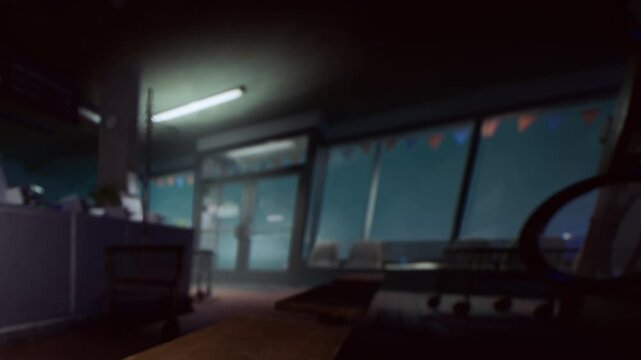 Inside a shop, the space is dimly lit at night. A customer stands near the entrance while tables and chairs are scattered around the area. The shop has some decorations.