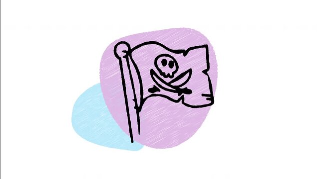 An animated hand-drawn black Jolly Roger pirate flag waving on a pole with a skull symbol. Ideal for pirate ship decorations, danger signs, corsair banners, and fantasy sailing themes. 