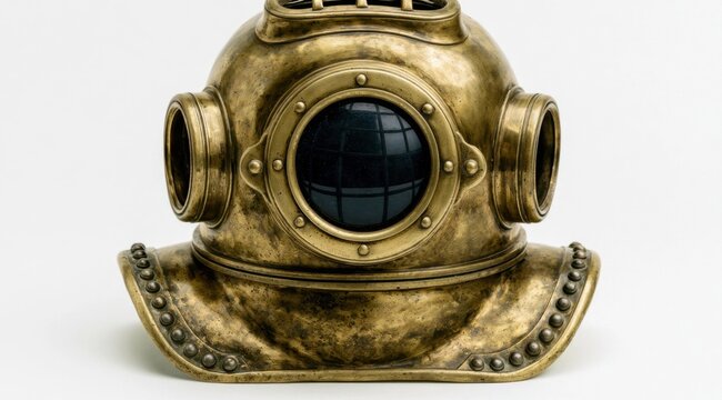 Antique brass diving helmet with round glass viewport