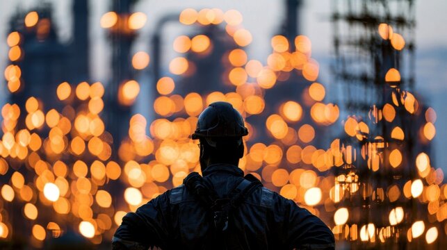 Industrial worker overlooking bokeh lights at plant
