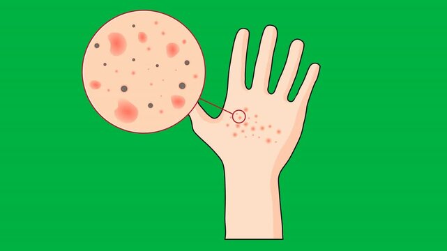 Medical vector animation illustrating atopic eczema on hand skin, highlighting inflammation, irritation and rash patterns, with related conditions such as dermatitis, psoriasis, green background