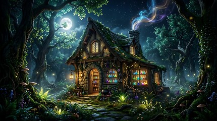 Fototapeta premium Enchanted cottage nestled in a magical forest under the glowing moonlight at night.